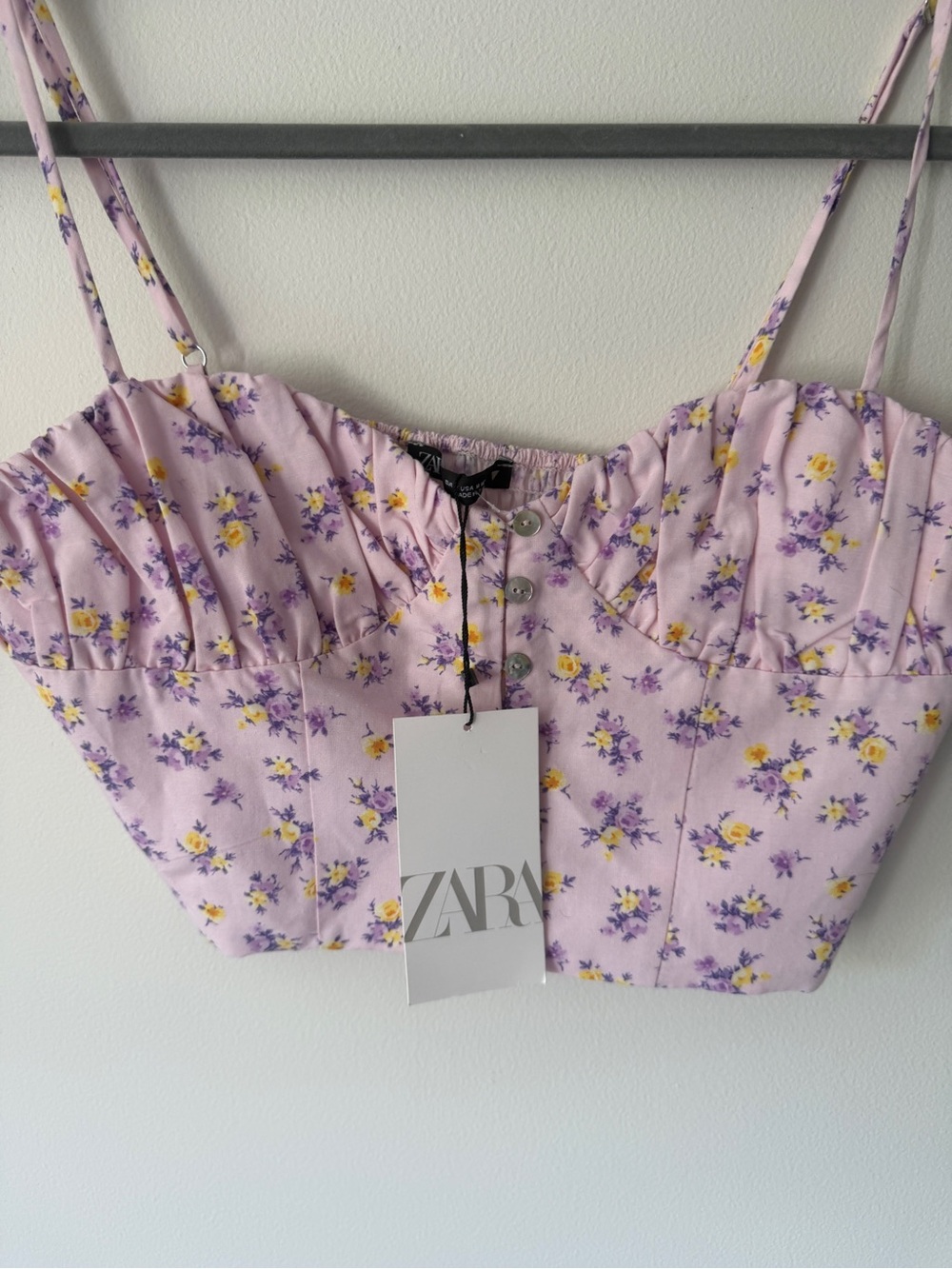 Zara Lavender Floral Button Crop Top with Yellow Accents